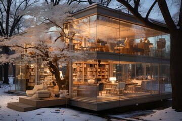 Winter Cafe with Glass Facade. Snowy Forest View.