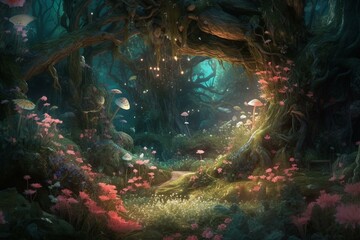 Fototapeta na wymiar Enchanting forest adorned with magical trees, a butterfly, and a fungus, amidst a charming bed of pink roses and moonlit shimmer; a fantastical scene. Generative AI