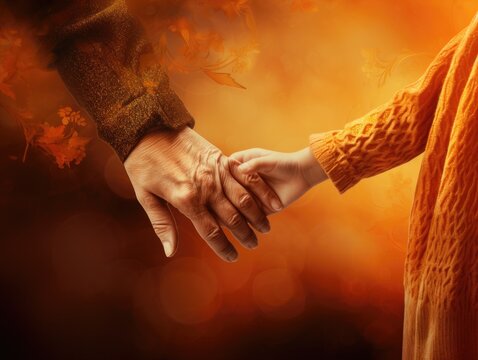 Hands Of A Little Girl And Elderly Woman Holding Hands On An Autumn Background