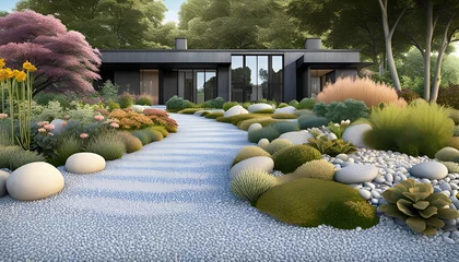 Fototapete Garten Aménagement d'un jardin minéral devant la maison moderne, avec allée en graviers blanc et galets, design extérieur, aménagement paysager - IA générative