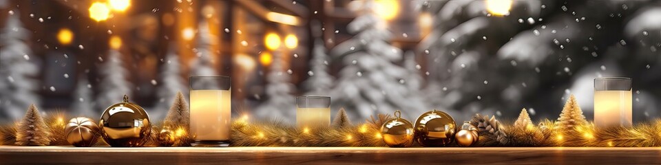 Wide banner, Empty woooden table top with abstract warm living room decor with christmas tree string light blur background with snow,Holiday backdrop,Mock up banner for display of advertise product