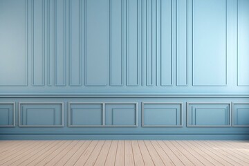 Blue beadboard wainscot on wooden floor background, interior room design. Generative AI