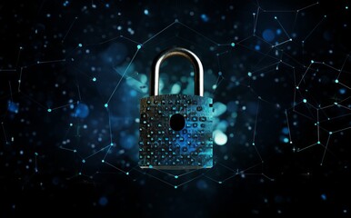 Cryptography and Blockchain: lock and key on dark background.