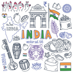 India doodle set. Traditional symbols of Indian culture and Buddhism, national food and landmarks. Drawings isolated on white background. Outline stroke is not expanded, stroke weight is editable