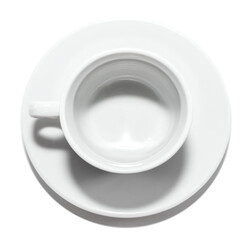 Empty white coffee cup with saucer or plate on white background. View from above