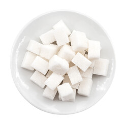 White plate with sugar cubes on a white background. View from above. Sugar