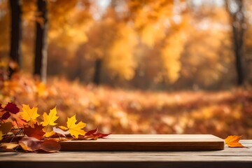 Empty wooden table top podium decorated with dry autumn leaves, blurred background of autumn plants