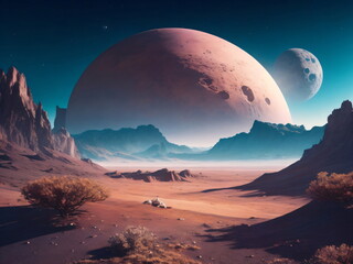 Fototapeta na wymiar Beautiful space landscape, Mountains, Mars, Rocks, Planets, Sky