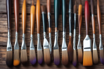 A row of artist paintbrushes closeup on artistic wooden background Brushes with colorful paints
