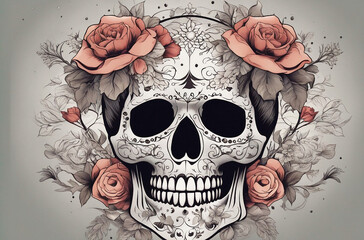 Skull and Flowers Day of The Dead, Vintage illustration Elegant tattoo design. Gothic style
