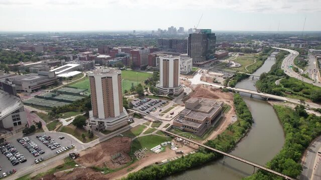 Columbus, Ohio  United States - September 6 2023: OSU Ohio State University Campus Buildings, Tower Dorms, and Hospital Construction on a Sunny Fall Day after Students Move In