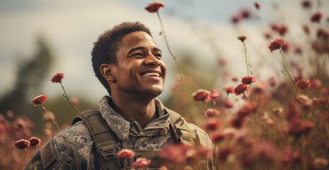 Veterans Day. A soldier smiling. Candid photo. On active duty. Patriot. Hero. Thank you for your service. Everyday hero. Standing in a field. Flowers. Shallow depth of field. Blurry background.