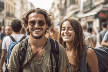 Obraz premium everyday life in the life of a young adult woman and man, tourists or backpackers or city trip or on vacation or excursion, in a city