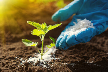 use organic fertilizer for organic farming or gardening hand holding fertilizer close to soil or...