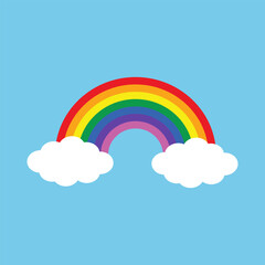 Colorful Rainbow with white clouds and blue sky Vector Illustration. Colorful Rainbow icon