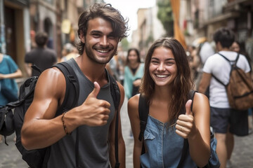 Obraz premium everyday life in the life of a young adult woman and man, tourists or backpackers or city trip or on vacation or excursion, in a city in a pedestrian zone,