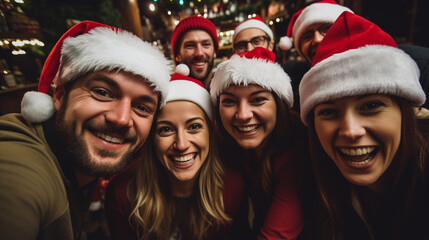 Group of people take selfie in Santa Claus hats . Generative Ai