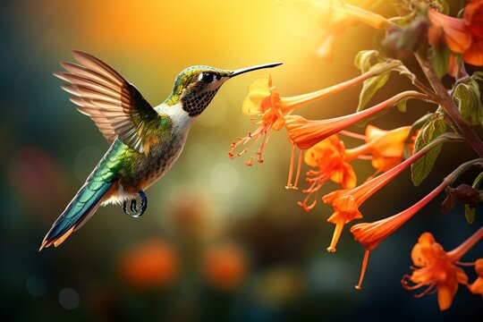 A vibrant hummingbird sips nectar from a honeysuckle. Generative AI