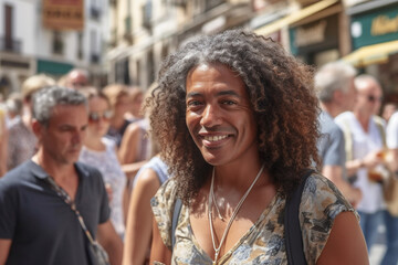 Fototapeta premium diverse transgender or fictional, Mature adult man, in summer with warm summer temperatures, outside in a city in the pedestrian zone, fictional place