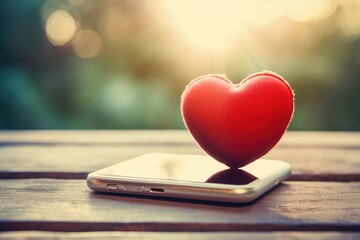 A red heart lies on a smartphone.