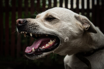 Aggressive dog shows dangerous teeth. German sheperd attack. Head detail Little blur panning move. an evil dog on chain guards the house - obrazy, fototapety, plakaty