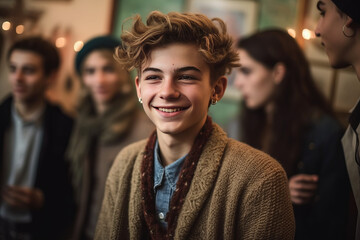 smiling young man when talk to his friend in the library - obrazy, fototapety, plakaty