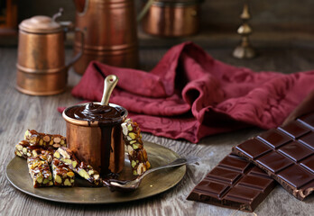 Fototapeta na wymiar hot chocolate with cookies for dessert and treats