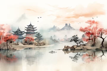 Deurstickers Abstract Oriental Painting Landscape Illustration Japanese Watercolor Painting Style © Artroom