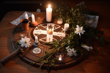 Altar, Imbolc, Sabbat, Brigid's Cross, candles, sun-moon symbol, wheel, snowdrops. Generative AI - obrazy, fototapety, plakaty