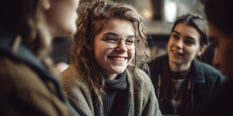 smiling young woman when talk to her friend in the library