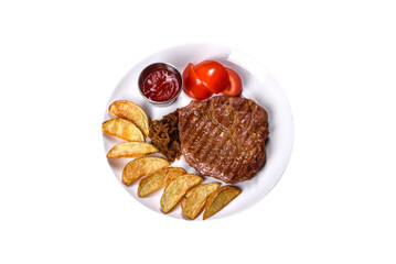 Delicious juicy beef steak with baked potatoes and sauces on a white dish