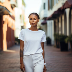 young woman wearing plain white t-shirt
