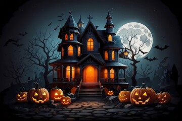 Haunted house with halloween pumpkins and bats under full moon, Happy Halloween, Generative AI