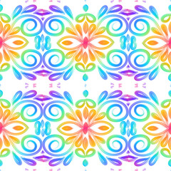 Fototapeta na wymiar Beauty seamless colourful gradient brush line art flowers batik ethnic dayak borneo pattern 
