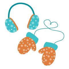 Set of Warm winter Clothes Earmuffs and Pair of Mittens with Snowflakes. Vector illustration isolated on white. Flat style Protect Garment for Season decoration. Design art color Gloves and Headphones