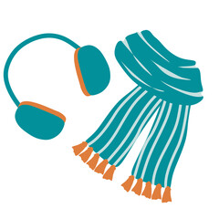 Flat style Earmuffs and Scarf. Winter or Autumn Clothes isolated on white. Warm vector cartoon illustration, Poster, Promotion banner. Seasonal Garment, textile and Wear. Design art drawing.