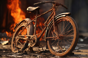 Gros plan sur un vélo lors d'un incendie » IA générative - obrazy, fototapety, plakaty