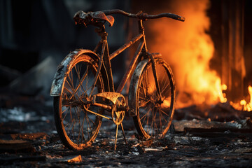 Un vélo incendié avec flammes en arrière-plan » IA générative