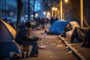 A city with tents and garbage. There are poor homeless people everywhere