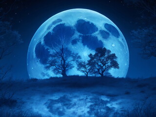 Big blue moon, beautiful moonlight in nature, Full blue moon with star at dark night sky