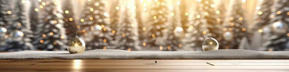Wide banner, Empty woooden table top with abstract warm living room decor with christmas tree string light blur background with snow,Holiday backdrop,Mock up banner for display of advertise product - obrazy, fototapety, plakaty