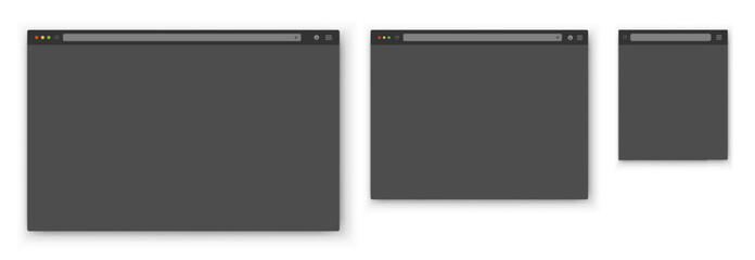 Fototapeta na wymiar Browser windows. A set of realistic empty gray browser windows of different shapes with a toolbar, a search bar and a shadow on a white background. Vector EPS 10.
