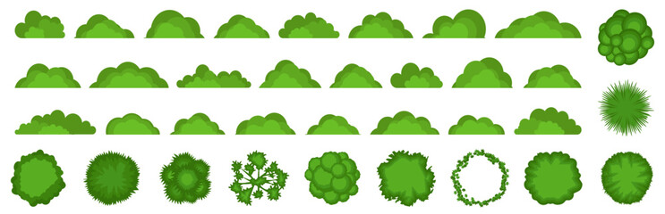 Bush and tree icon element collection in a flat design. Various green bush, tree, grass in a flat design. Cartoon bush and tree collection
