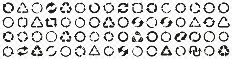 Circular arrow pictogram collection. Black arrow icons. Recycle, refresh, reload, loading, loop arrow icons in black. Circle arrow pointer