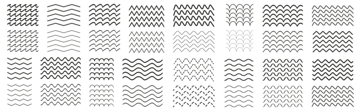 Line wave zigzag element collection. Set of wavy horizontal lines. Black line water waves icon. Water wave line in different variations