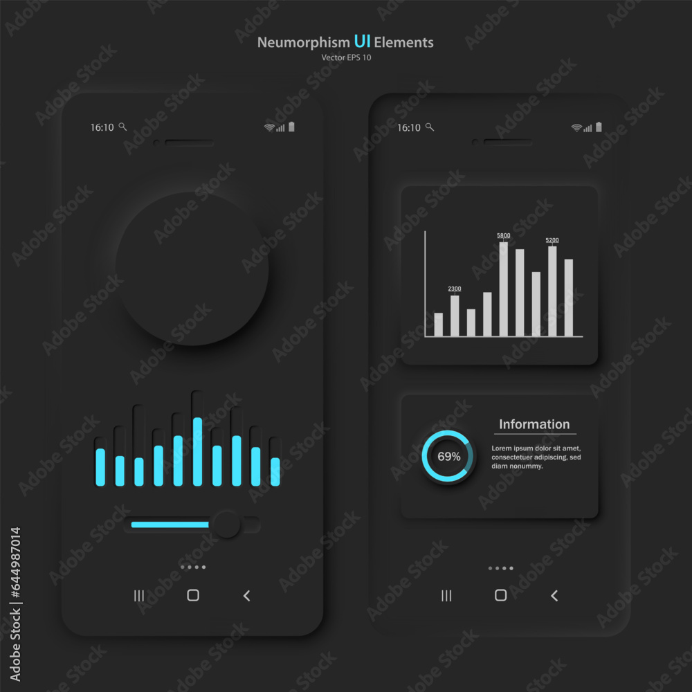 Poster user interface elements for a mobile application in black and blue style. a set of neomorphism-style