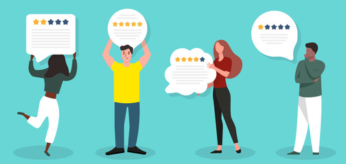People star rating feedback concept in a flat design. Satisfied customers give high and low rating. People give review rating and feedback