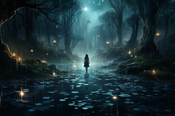 Enchanting nocturnal journey amidst a mystical woodland. Generative AI