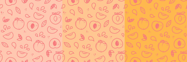 Peach vector seamless pattern in outline style. Fruit for package, kitchen design, fabric and textile