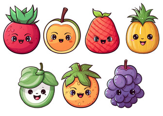 Kawaii fruits set. Hand drawn vector illustration with funny fruits. Cartoon fruits with eyes.